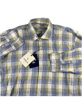 Toscano Aqua Men's Linen Gingham Plaid Button Up Shirt Blue Green Men's 2XL